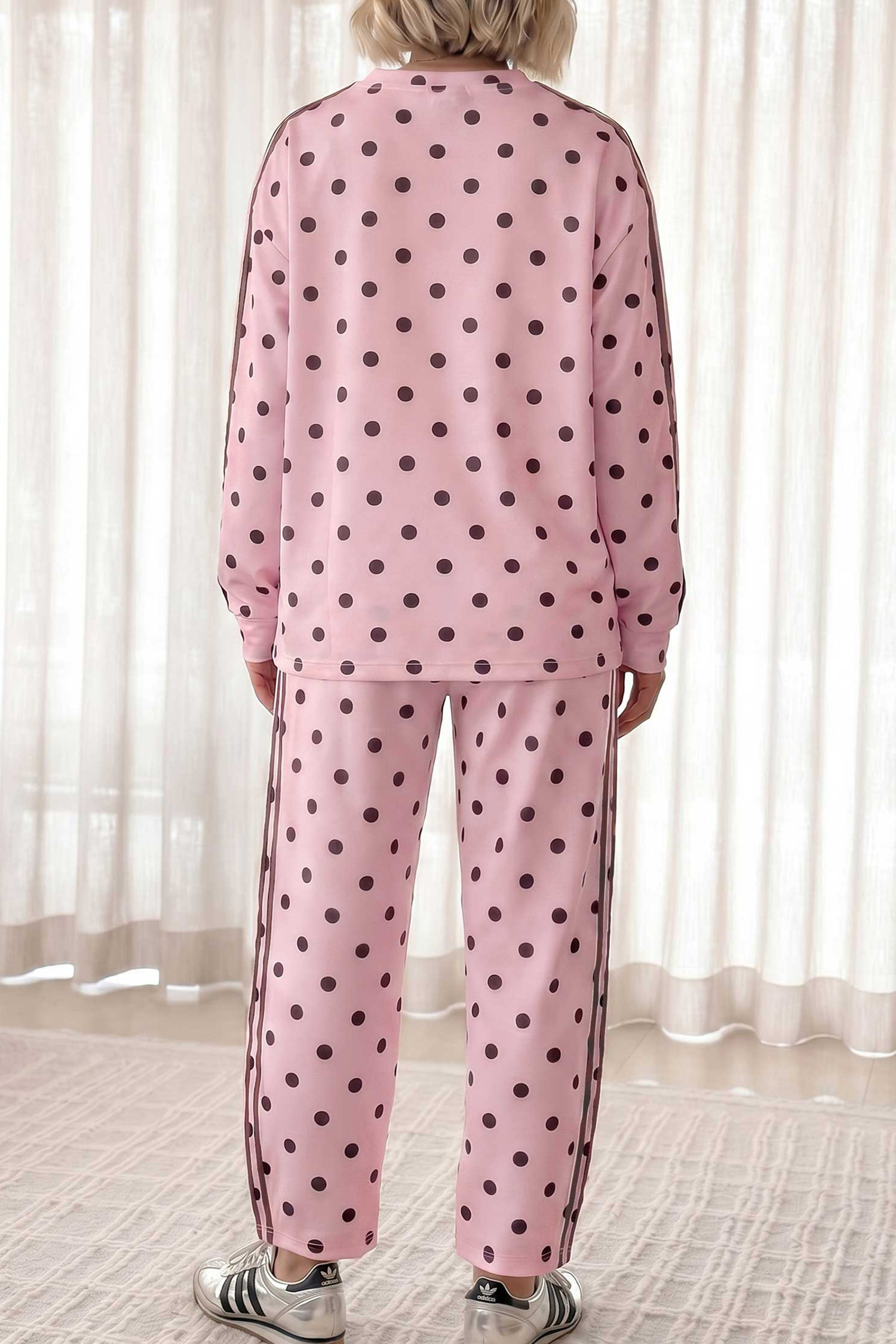 Pink Polka Dot Two Piece Set, Women Side Stripe Outfit - Detail View 2