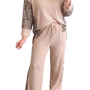 Leopard Print Ribbed Set, Women Casual 2 Piece Lounge - Main View