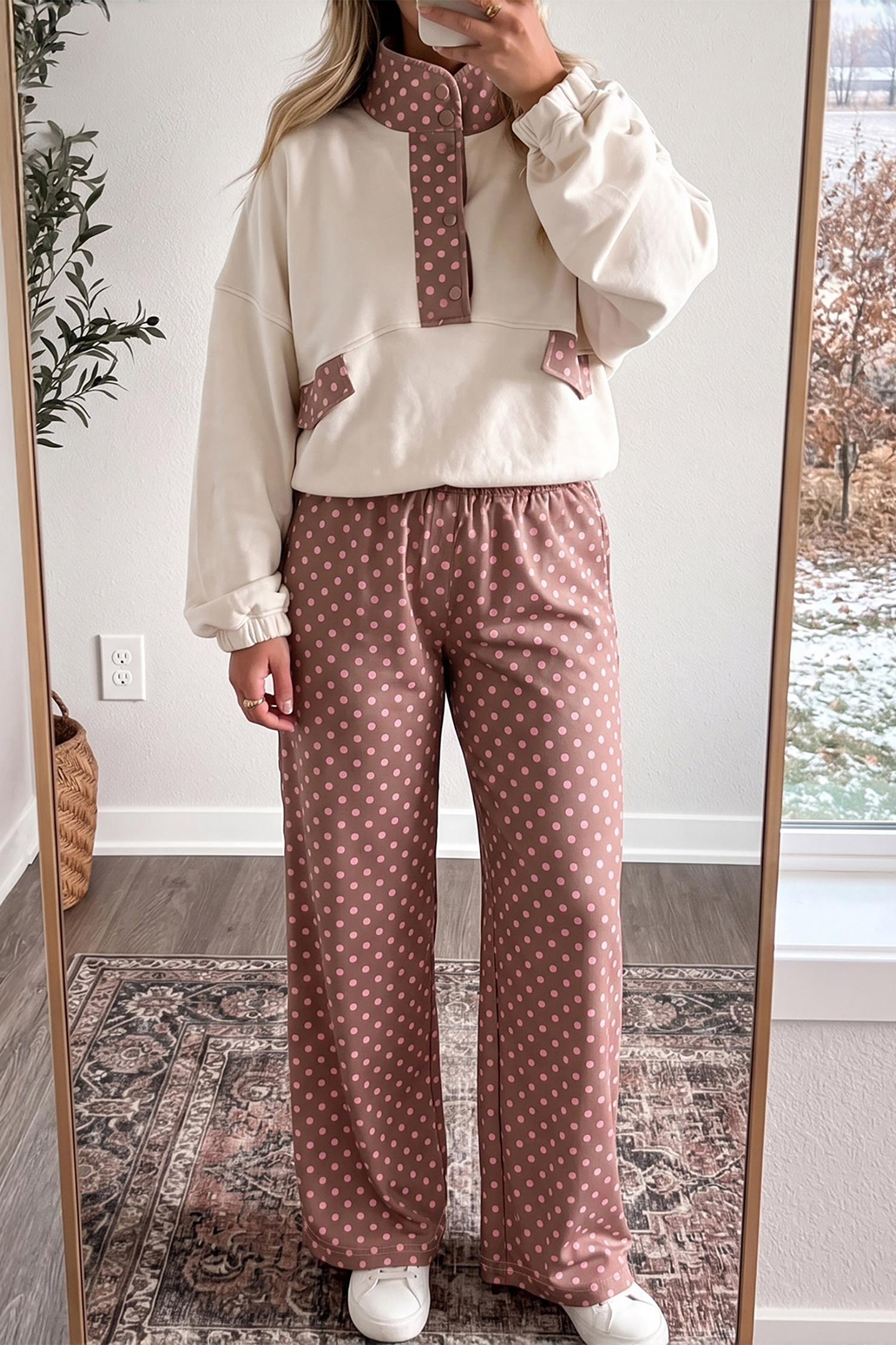 Polka Dot Printed Women's Wide Leg Pants, Brown Autumn Style - Detail View 2