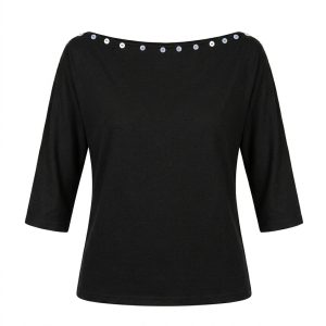 Black Off Shoulder Top, Button Accent 3/4 Sleeve Women's - Main View