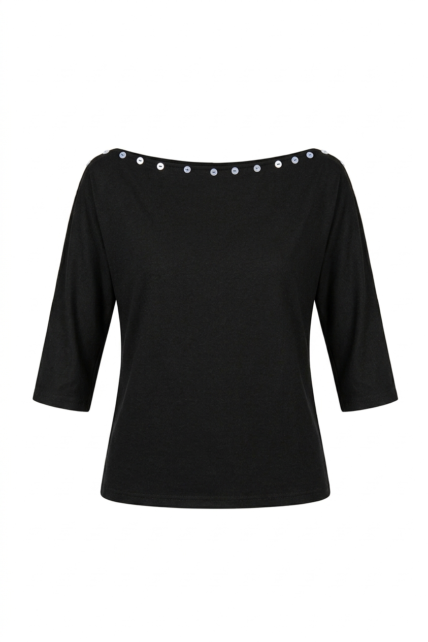 Black Off Shoulder Top, Button Accent 3/4 Sleeve Women's - Main View