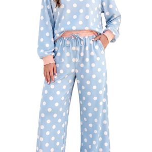 Women's Polka Dot Lounge Set, Casual Sky Blue Two Piece - Main View