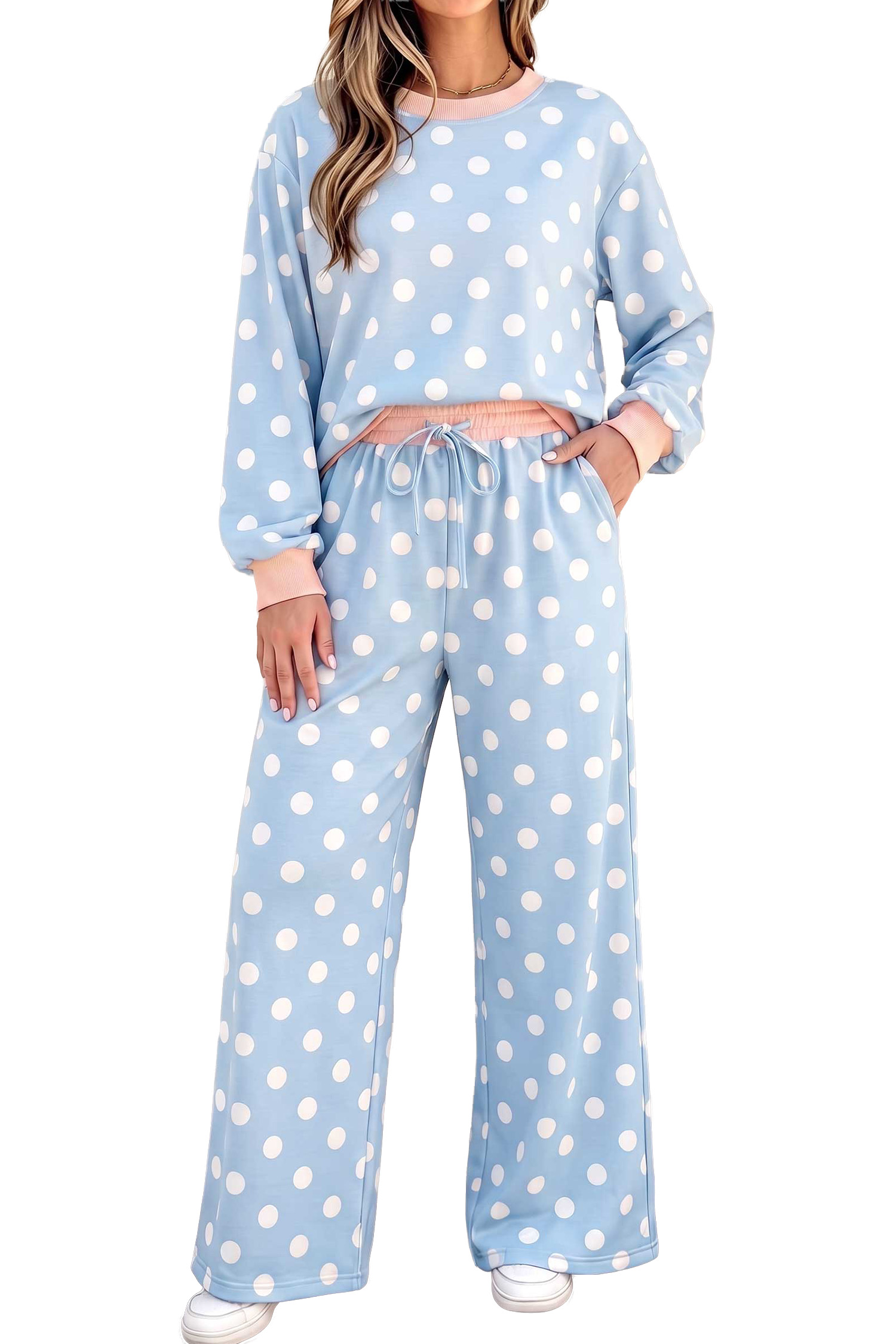 Women's Polka Dot Lounge Set, Casual Sky Blue Two Piece - Main View