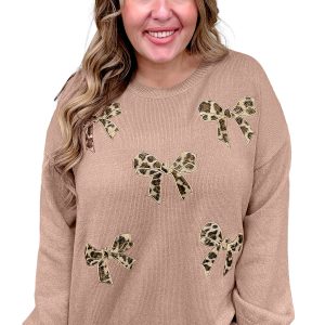 Women's Leopard Bow Sweater, Casual Autumn Knit - Main View