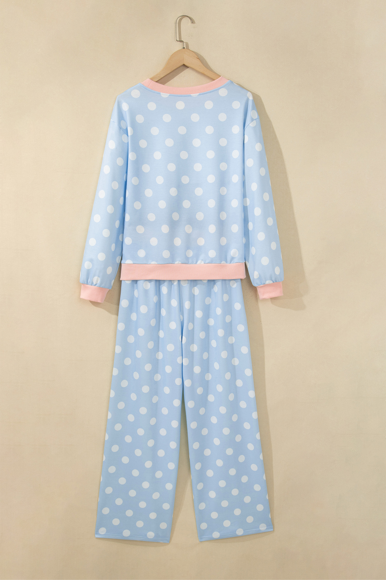 Sky Blue Polka Dot Pants Set, Long Sleeve Contrast Trim - Detail View 5