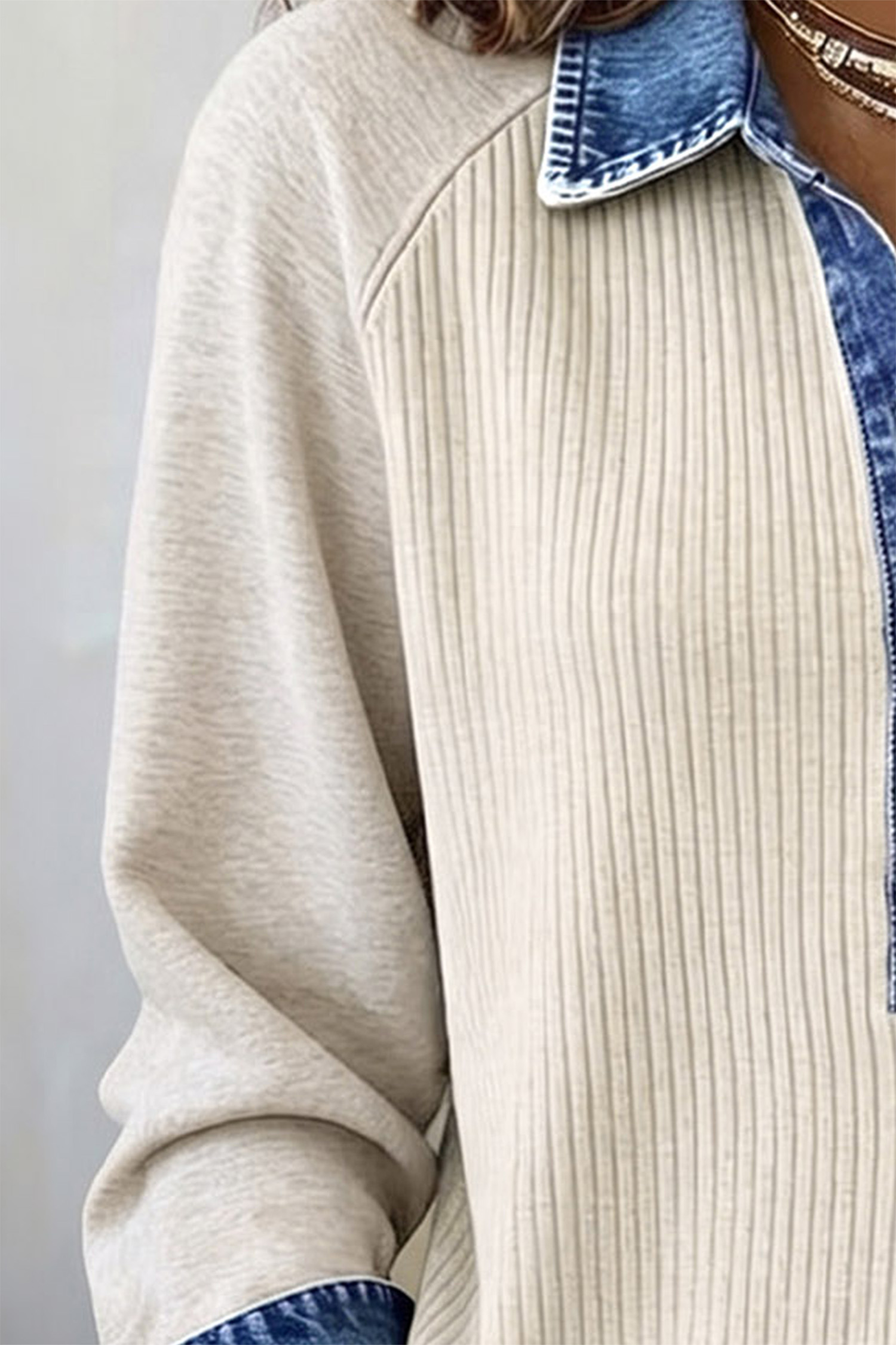 Soft Knit Ribbed Shirt, Denim Button Collar Casual Women - Detail View 3
