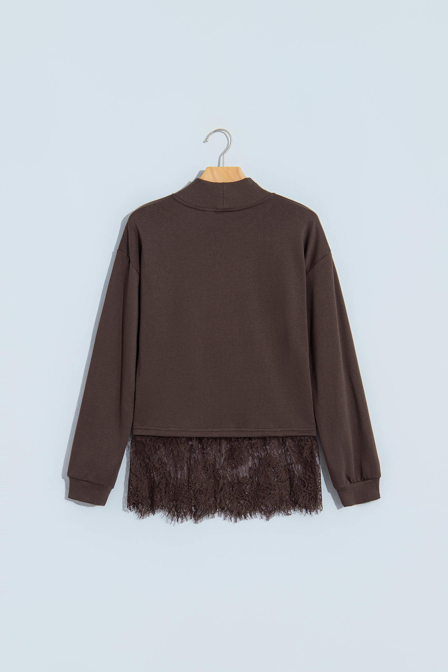 Brown Cotton Blend Sweatshirt, Autumn Mock Neck Top - Detail View 3