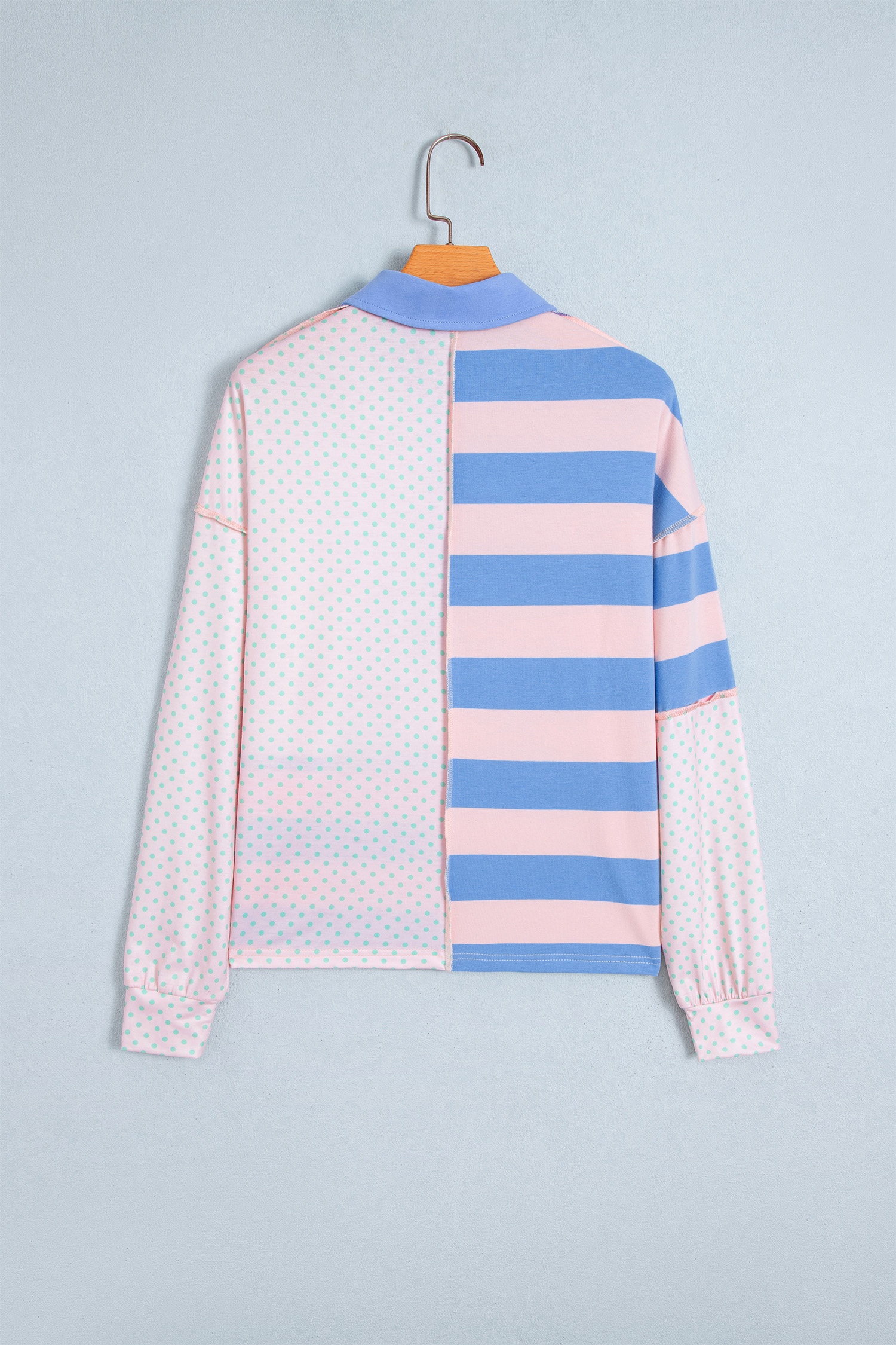 Patchwork Print Women's Polo Shirt, Pink Striped Casual Top - Detail View 5