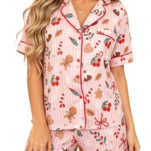 Women's Pink Christmas Pajama Set, Short Sleeve Lounge Wear - Main View