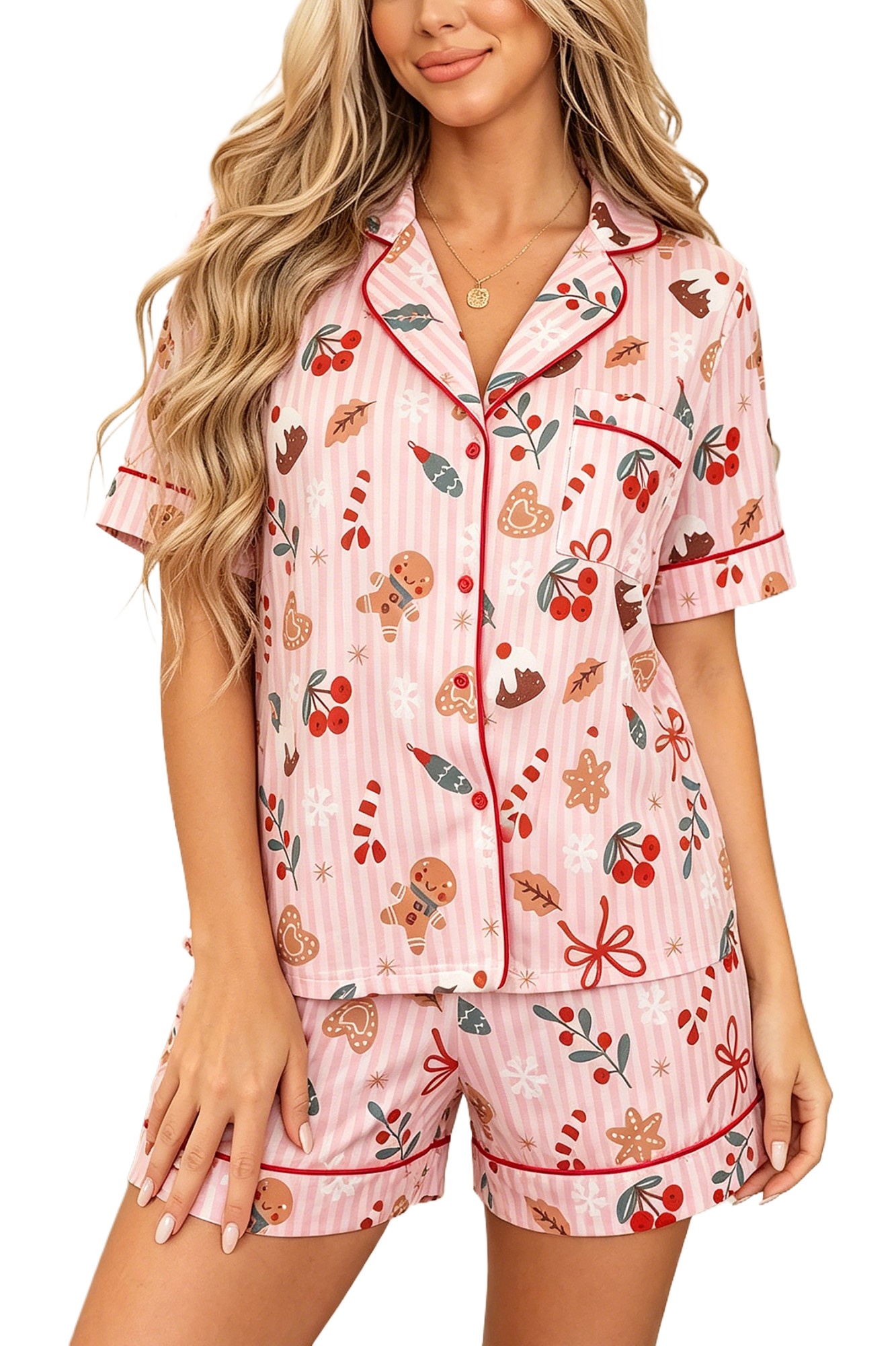 Women's Pink Christmas Pajama Set, Short Sleeve Lounge Wear - Main View