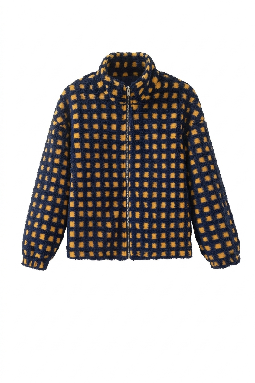 Women's Plaid Sherpa Fleece Jacket, Casual Winter Zip Up - Main View