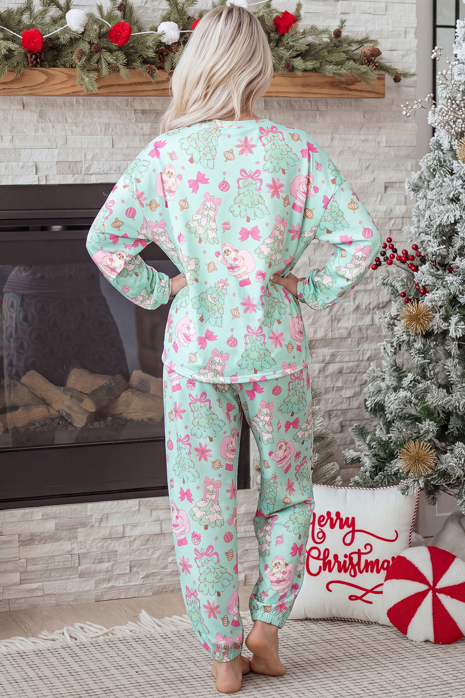 Women's Holiday Pajama Set, Festive Christmas Print Sleepwear - Detail View 2