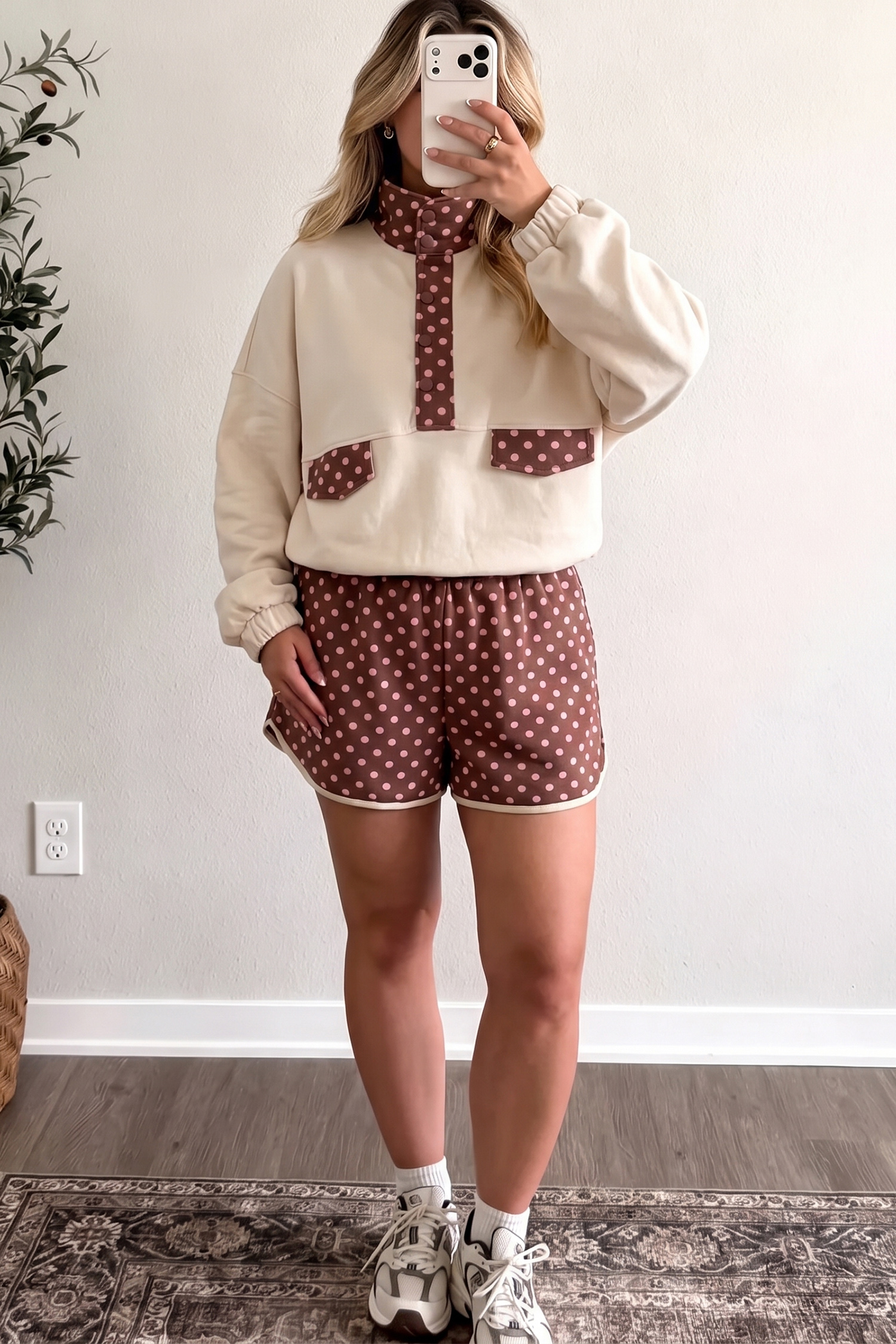 Brown Polka Dot Lounge Set for Women, Long Sleeve 2 Piece - Detail View 2