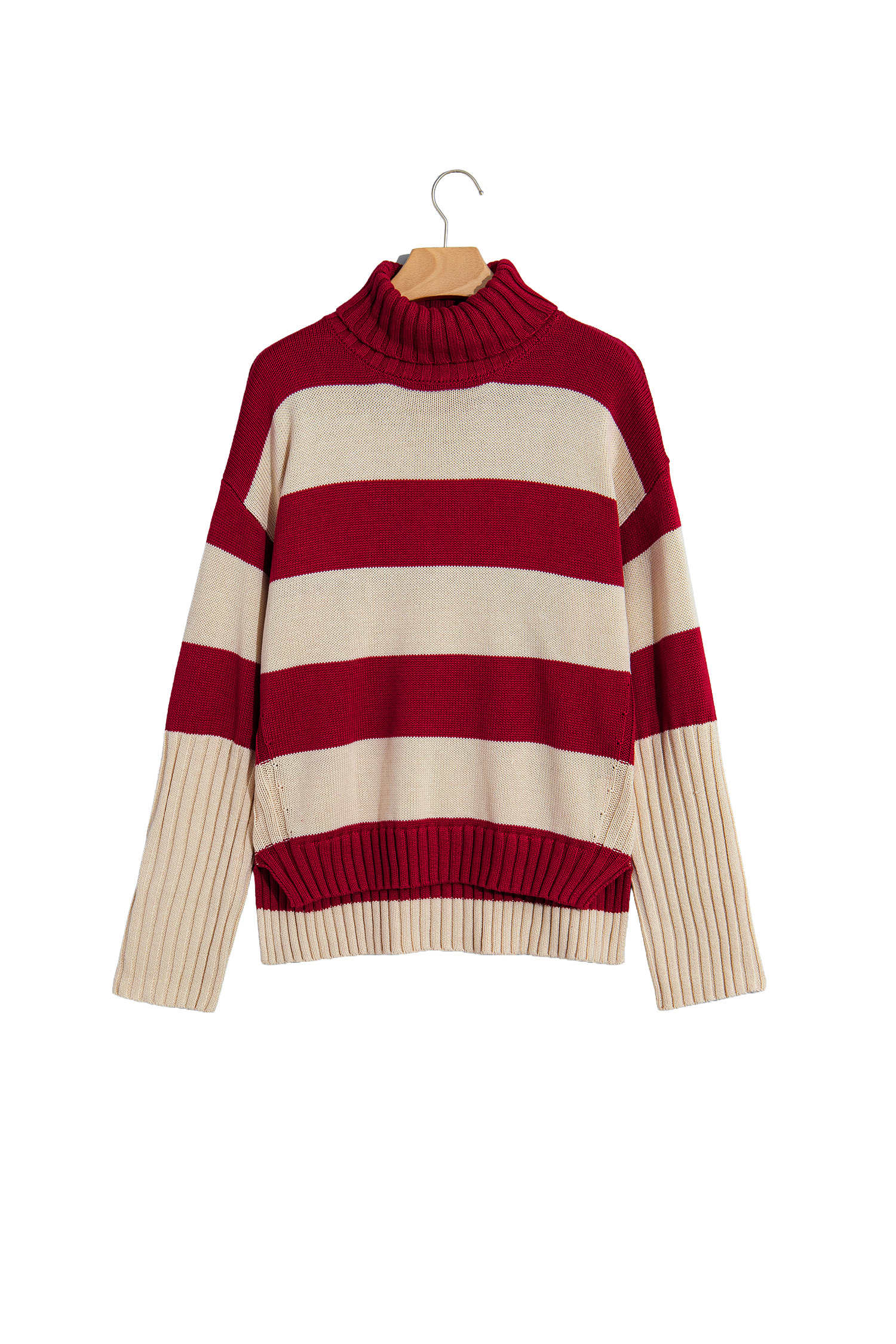 Red Color Block Sweater, Women's Striped Casual Winter Top - Detail View 5