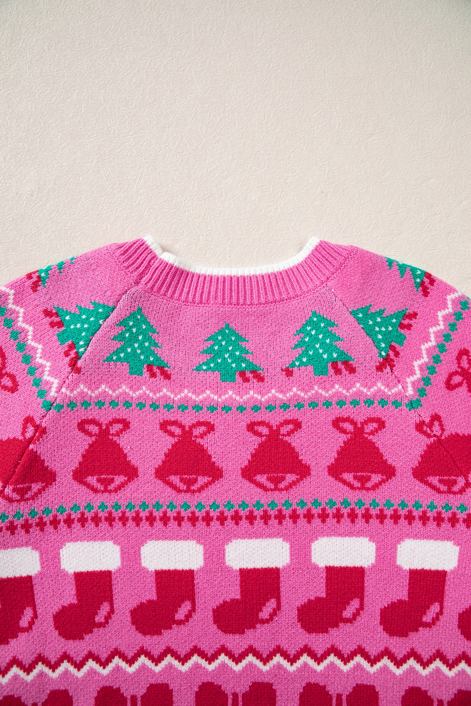Festive Graphic Christmas Sweater, Pink Crewneck Women Top - Detail View 8