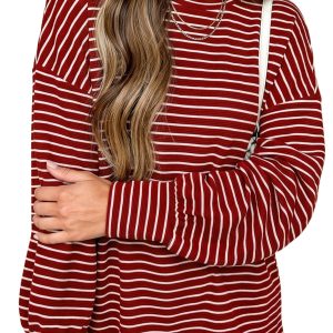 Women's Striped Long Sleeve Top, Casual Drop Shoulder Tee - Main View
