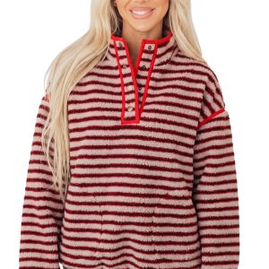 Women's Sherpa Sweatshirt, Casual Striped Pullover - Main View