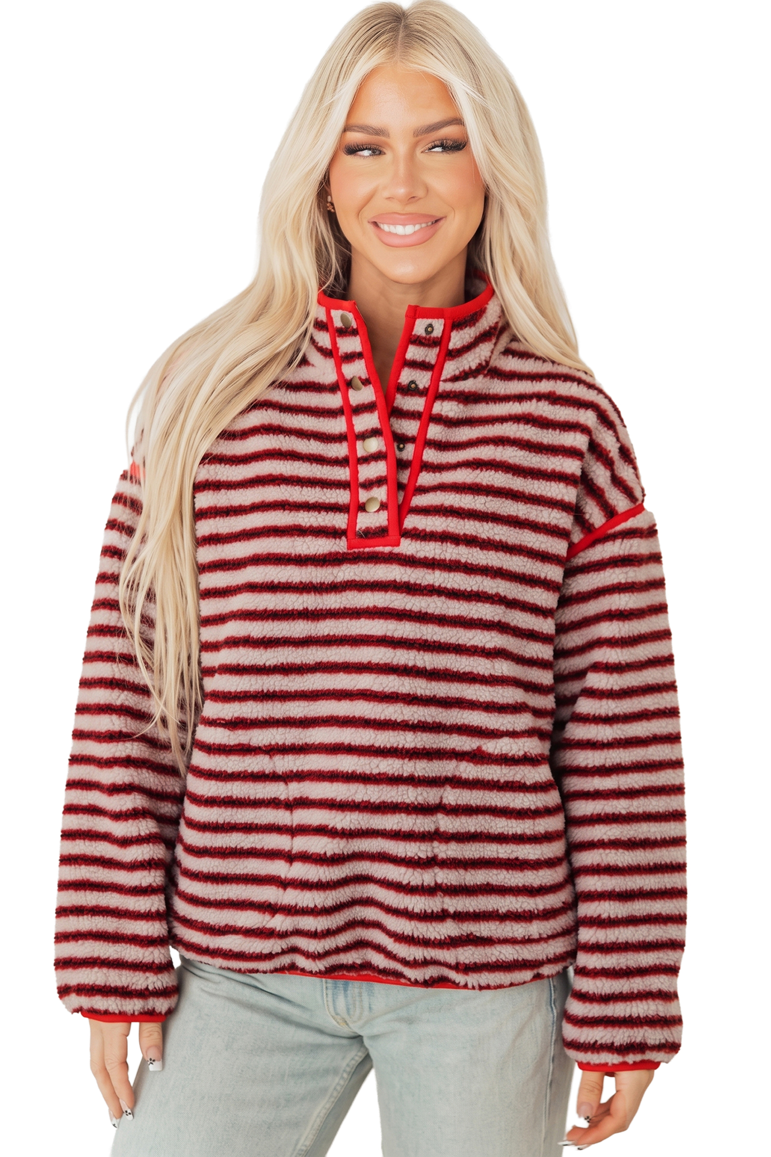 Women's Sherpa Sweatshirt, Casual Striped Pullover - Main View