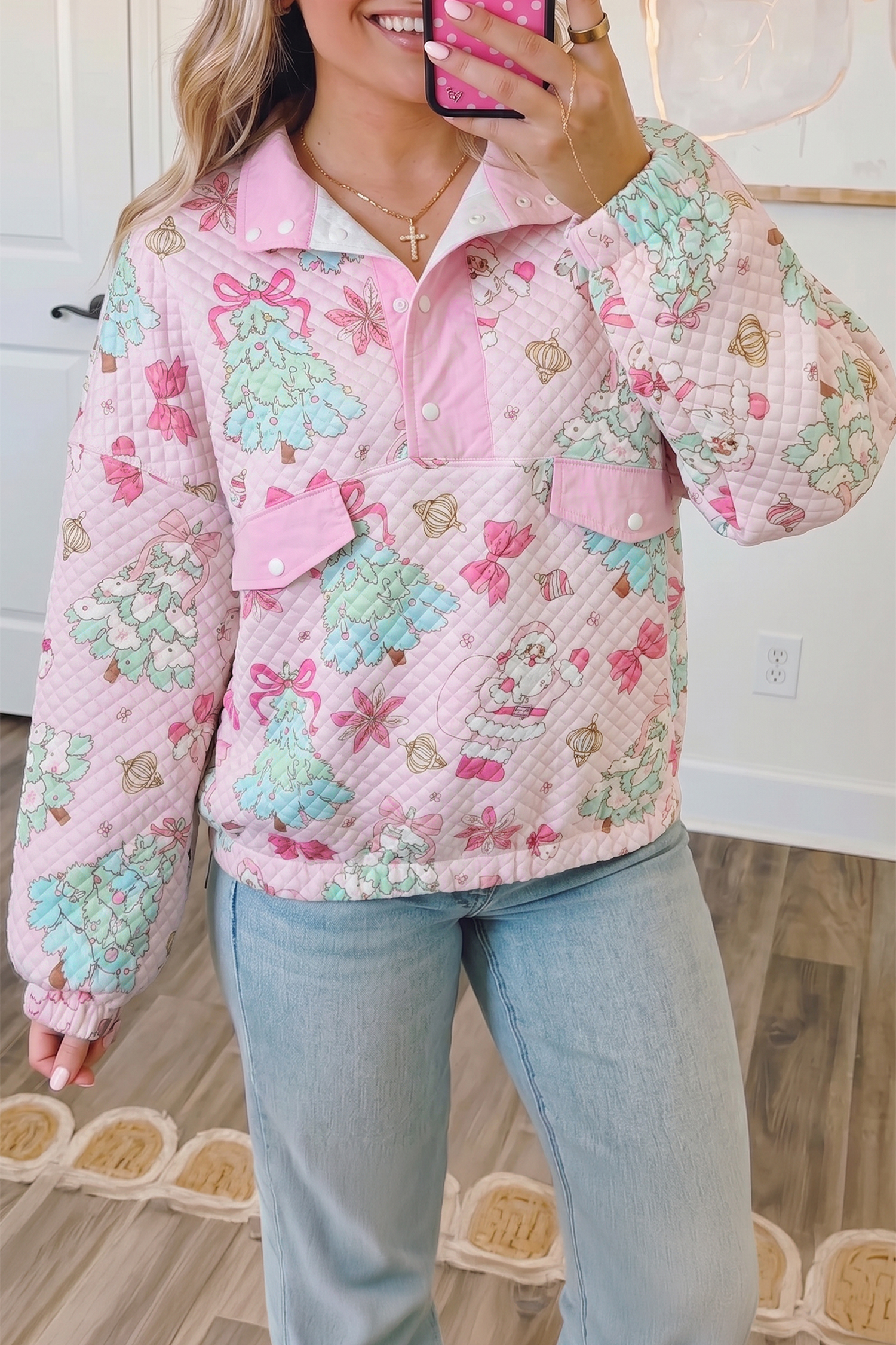 Loose Quilted Women's Sweatshirt, Pink Festive Button Top - Detail View 12