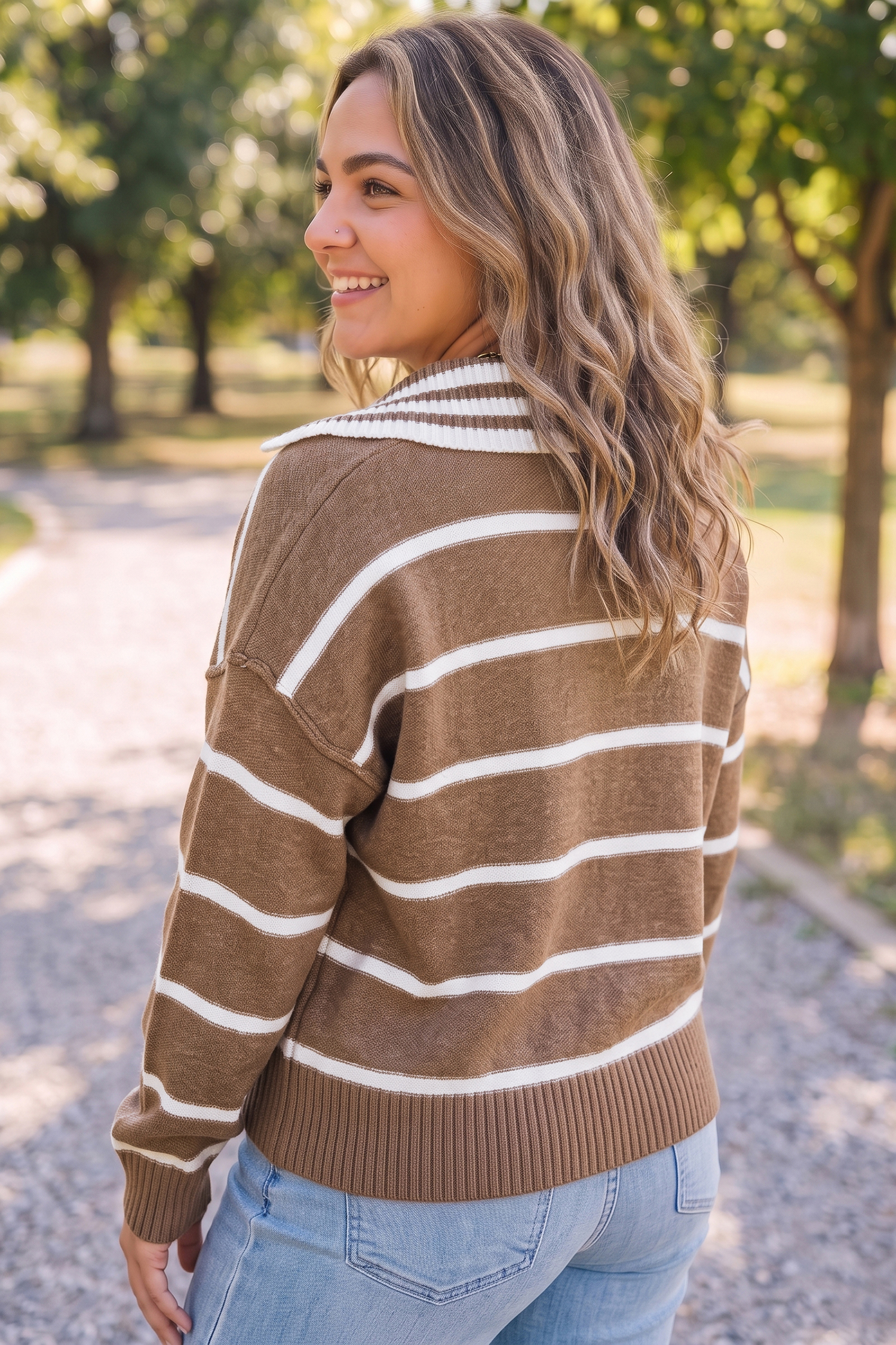 Women's Brown Stripe Sweater, Colorblock Knit Top - Detail View 2