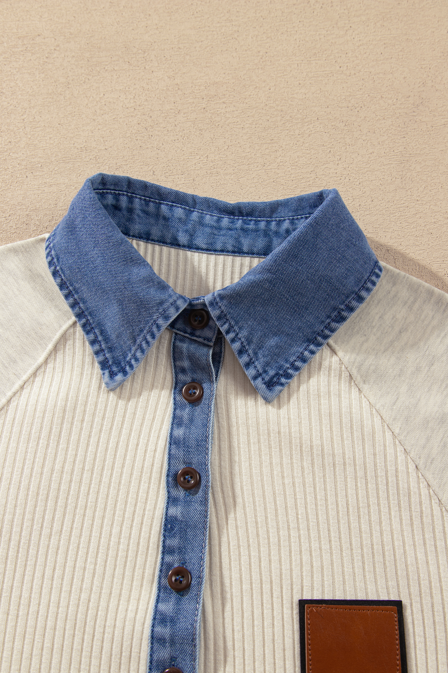 Ribbed Denim Trim Top, Casual Fall Pullover for Women - Detail View 10