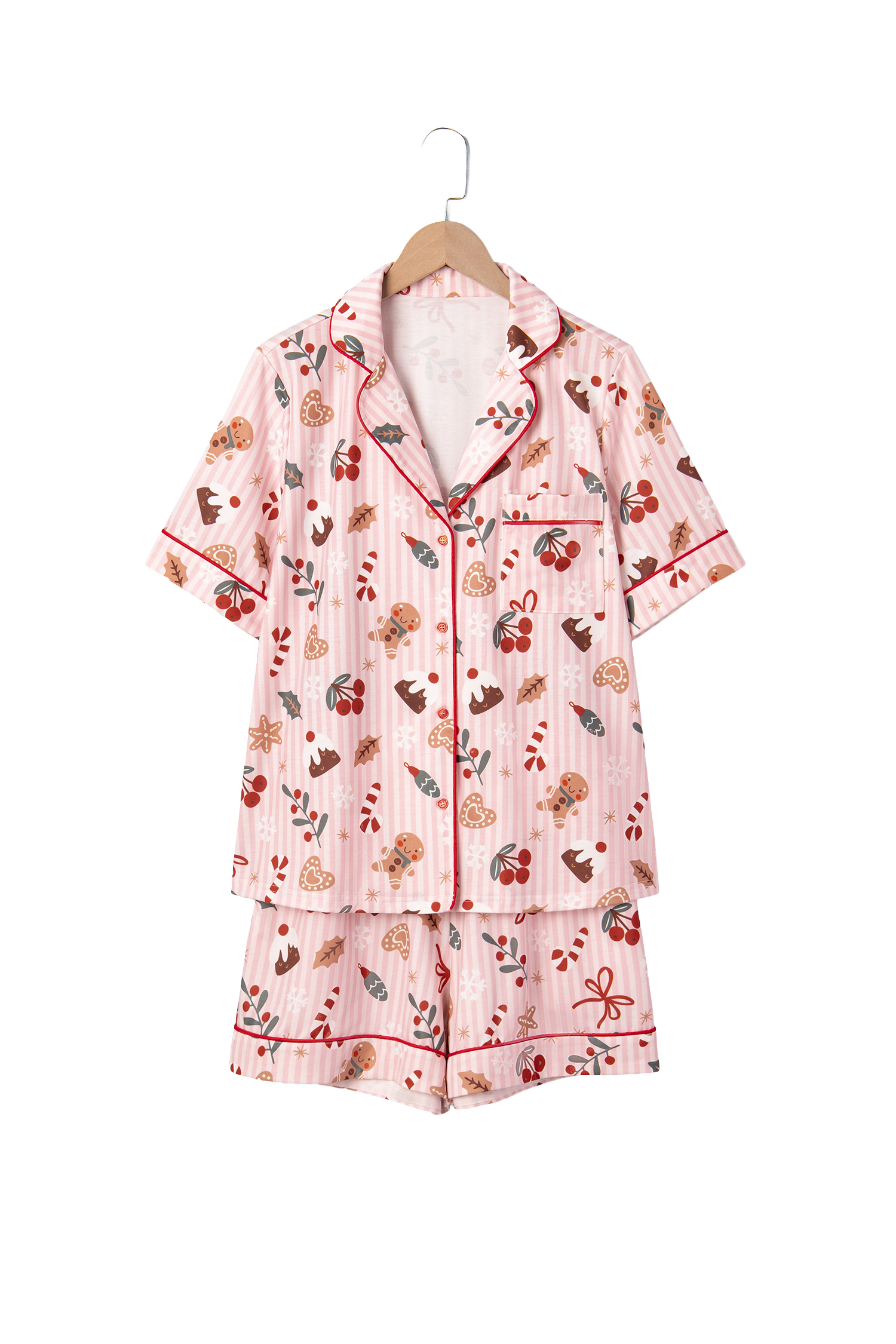 Women's Festive Print Pajama Set, Short Sleeve Pink Lounge - Detail View 5