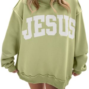 Women's Baggy Sweatshirt, Green Mock Neck Jesus Graphic - Main View