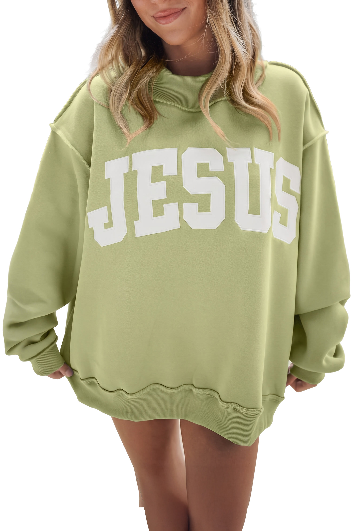 Women's Baggy Sweatshirt, Green Mock Neck Jesus Graphic - Main View