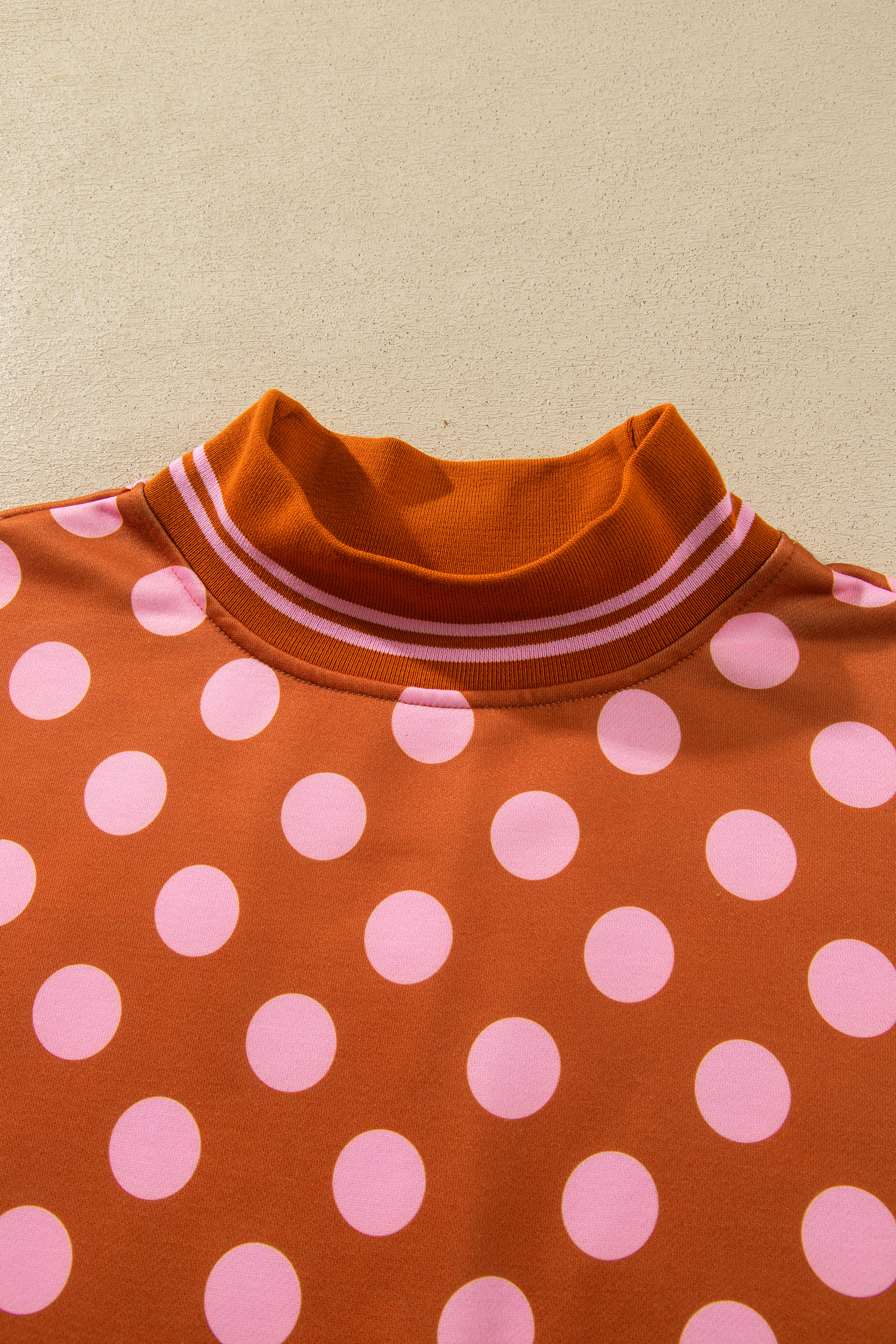 Women's Mock Neck Sweatshirt, Brown Polka Dot Casual Wear - Detail View 6