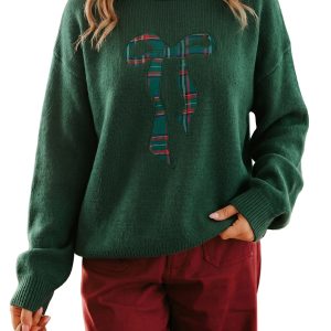 Women's Christmas Bow Sweater, Plaid Print Holiday Knit - Main View