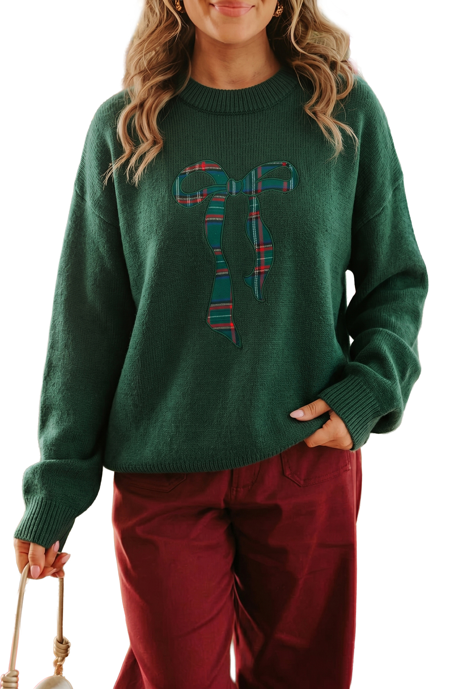 Women's Christmas Bow Sweater, Plaid Print Holiday Knit - Main View