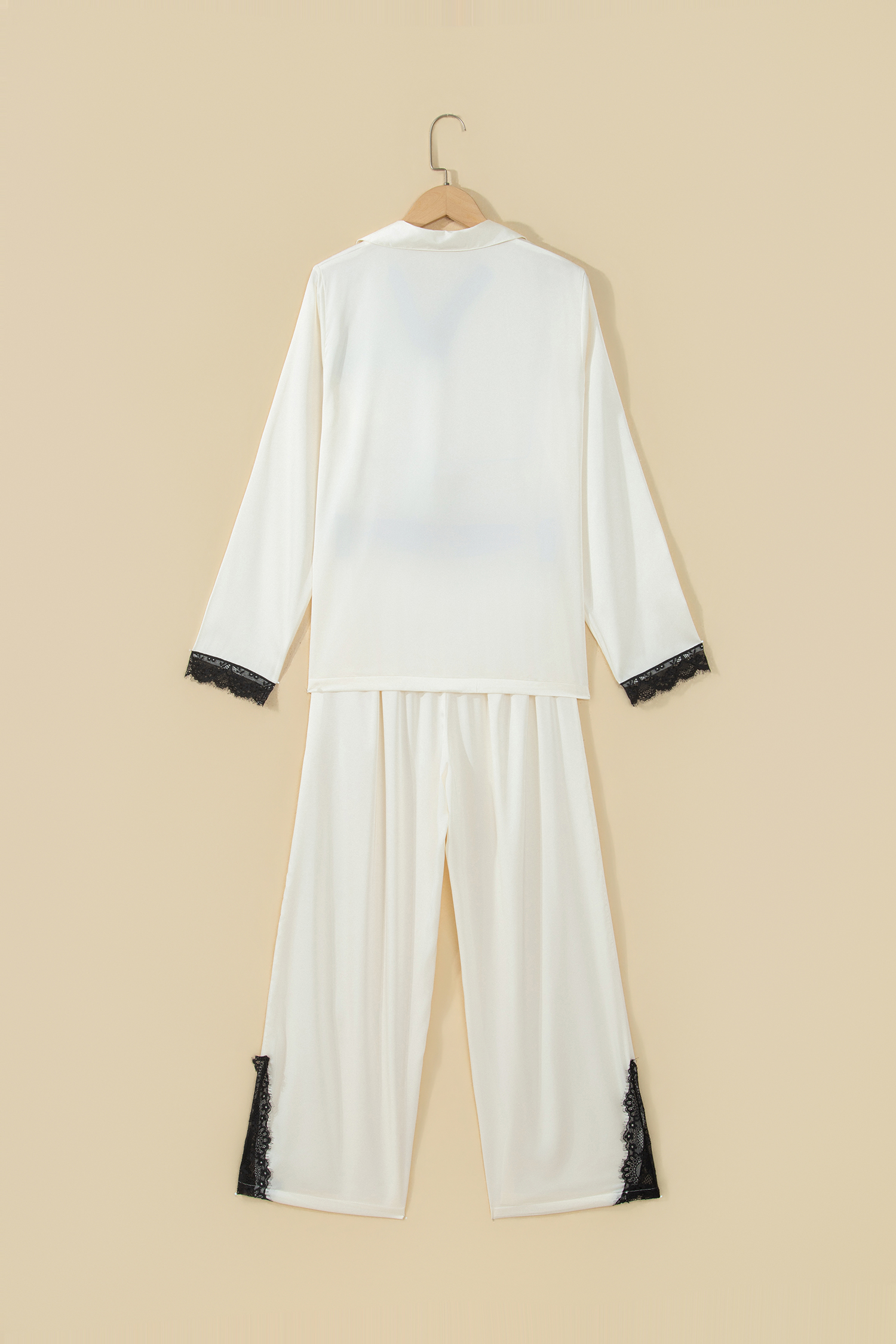Women's Satin Pajama Set, Long Sleeve Lace Trim Sleepwear - Detail View 3