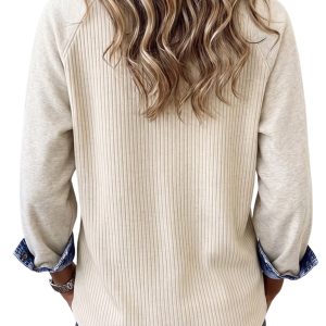 Ribbed Denim Trim Top, Casual Fall Pullover for Women - Main View