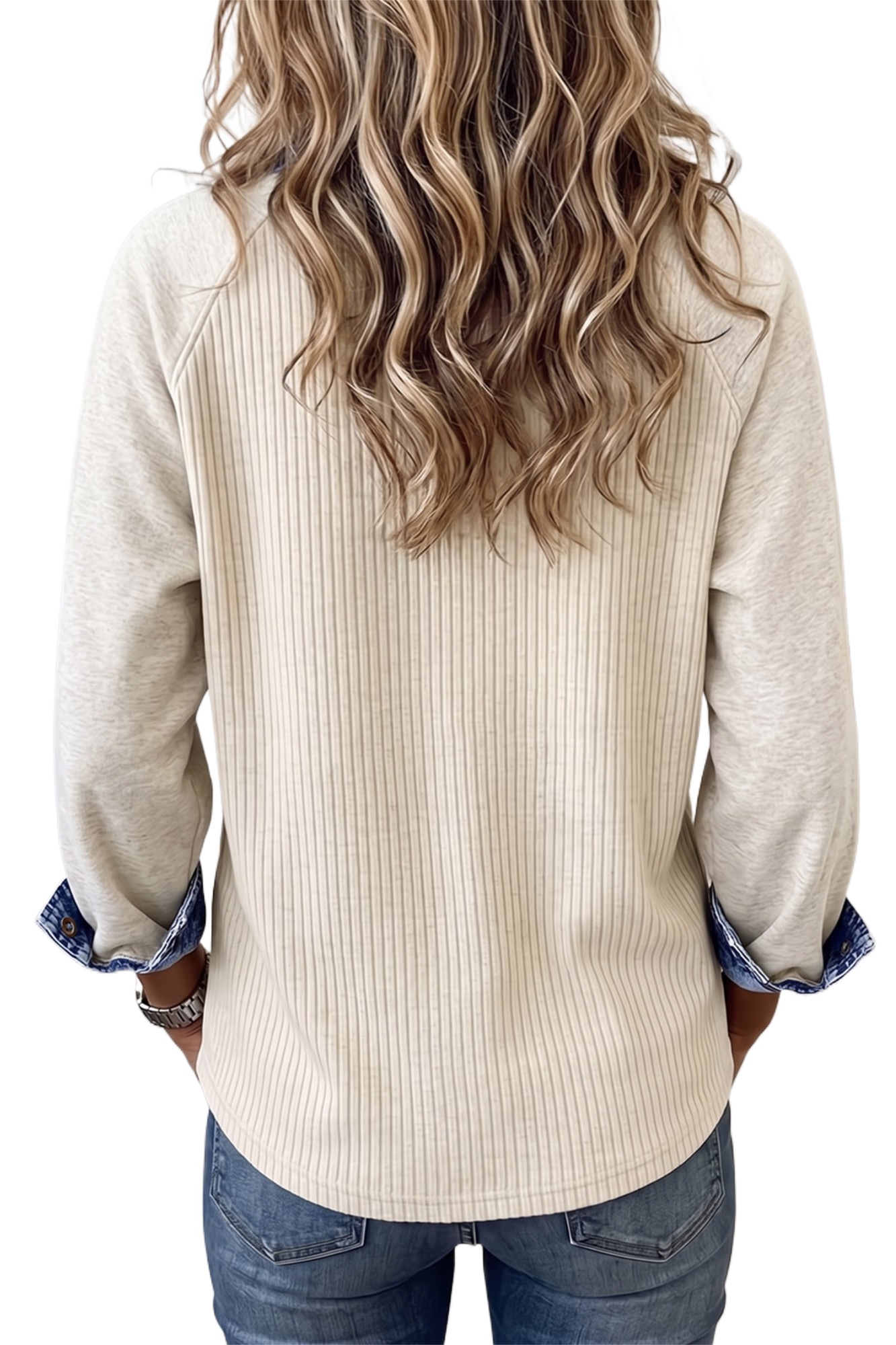 Ribbed Denim Trim Top, Casual Fall Pullover for Women - Main View