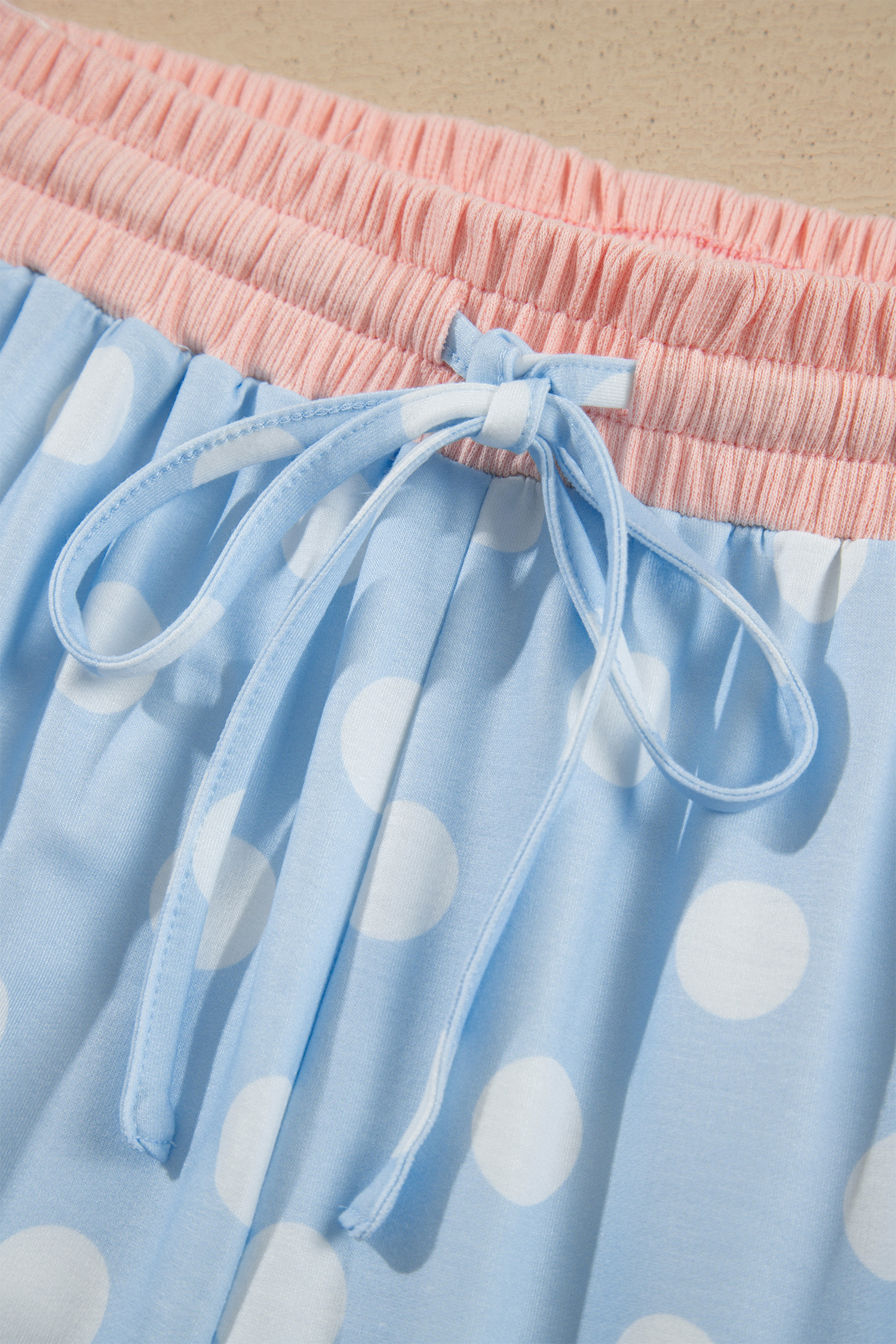 Sky Blue Polka Dot Pants Set, Long Sleeve Contrast Trim - Detail View 8