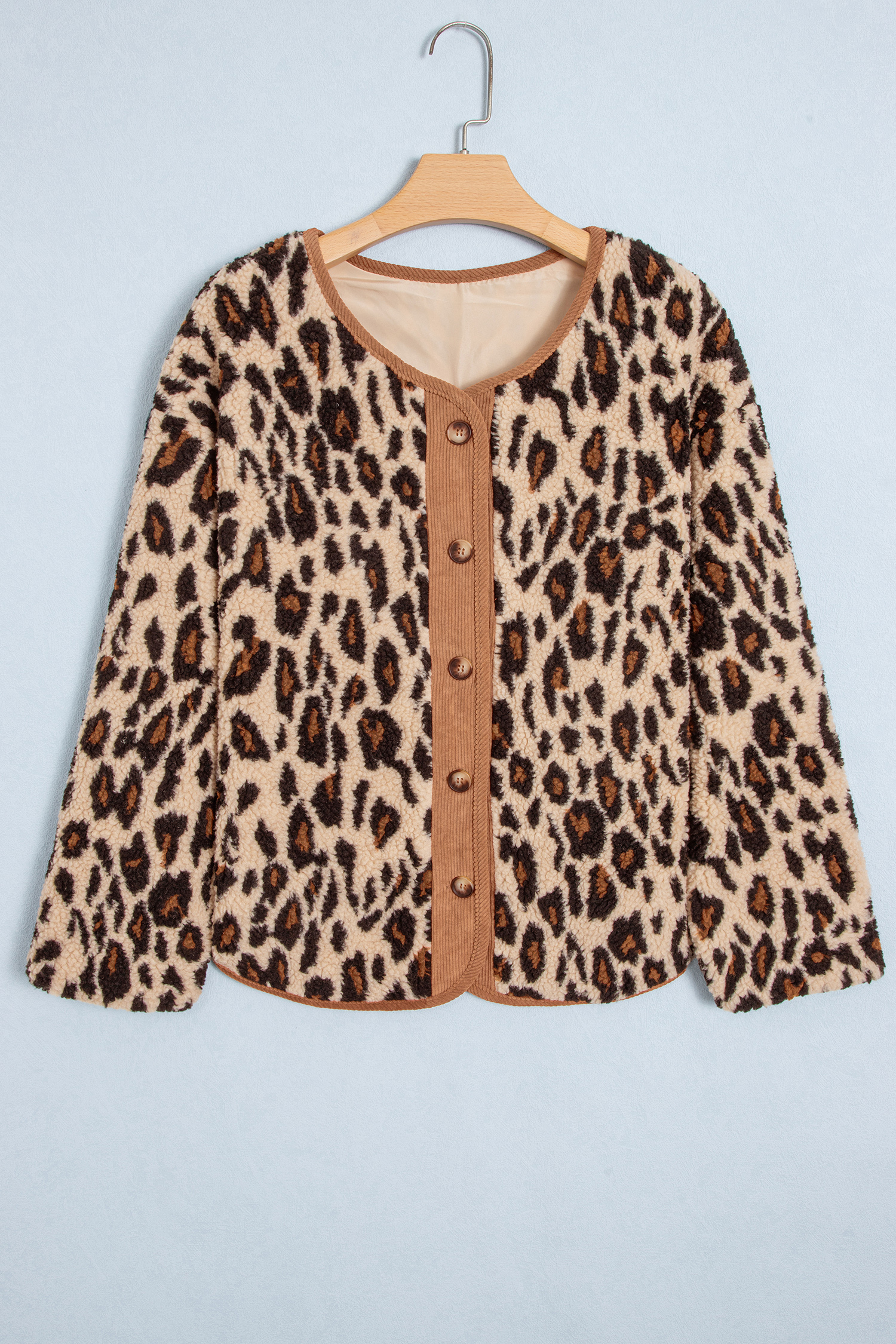Women's Leopard Sherpa Jacket, Casual Corduroy Trim Coat - Detail View 7
