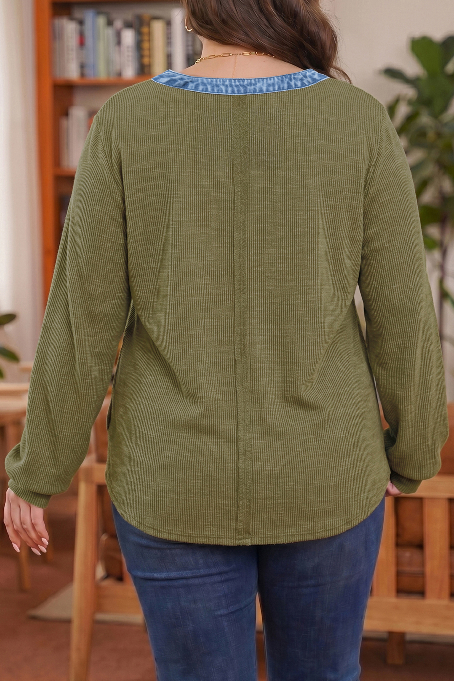 Womens Cotton Blend Top, Ribbed Long Sleeve Shirt - Detail View 3