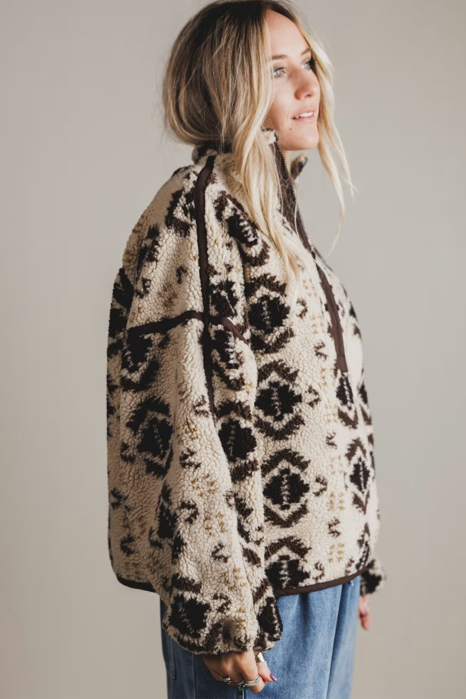 Warm Sherpa Quarter Zip, Women's Khaki Geometric Pullover - Detail View 6