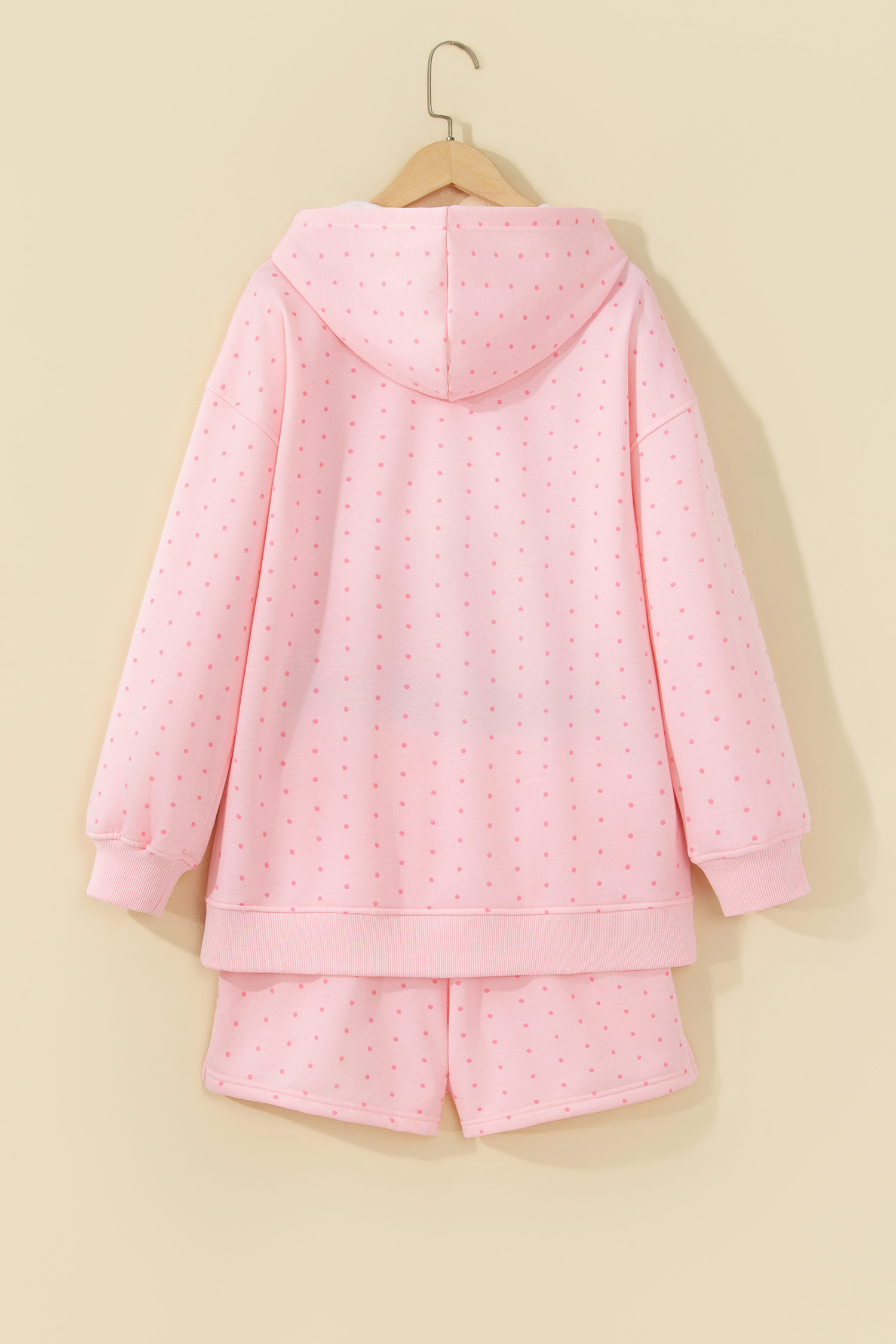 Women's Pink Polka Dot Hoodie Set, Casual Two Piece Outfit - Detail View 7