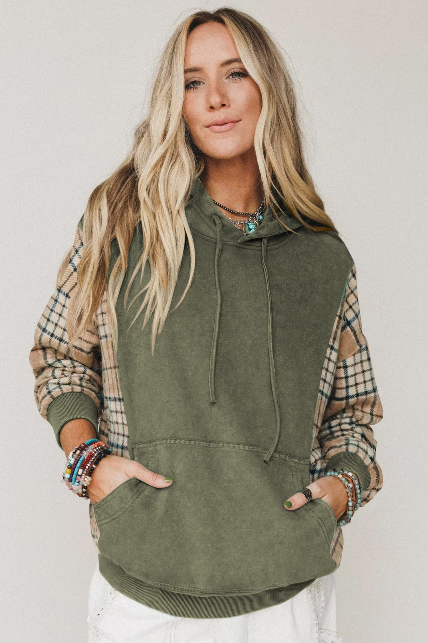 Women's Plaid Contrast Hoodie, Fall Moss Green Sweatshirt - Detail View 5