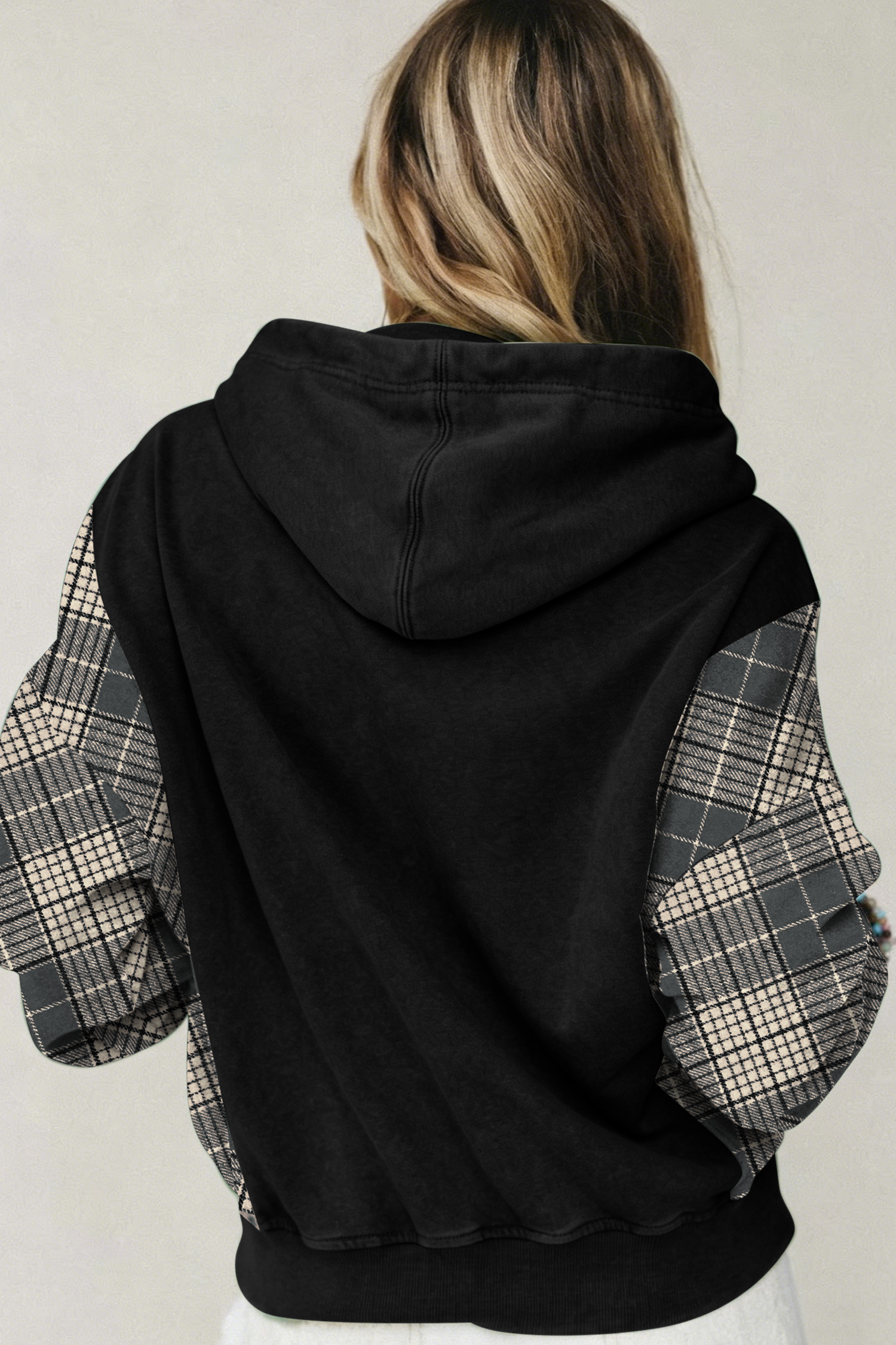 Plaid Sleeve Drawstring Hoodie, Women's Fall Sweatshirt - Detail View 2