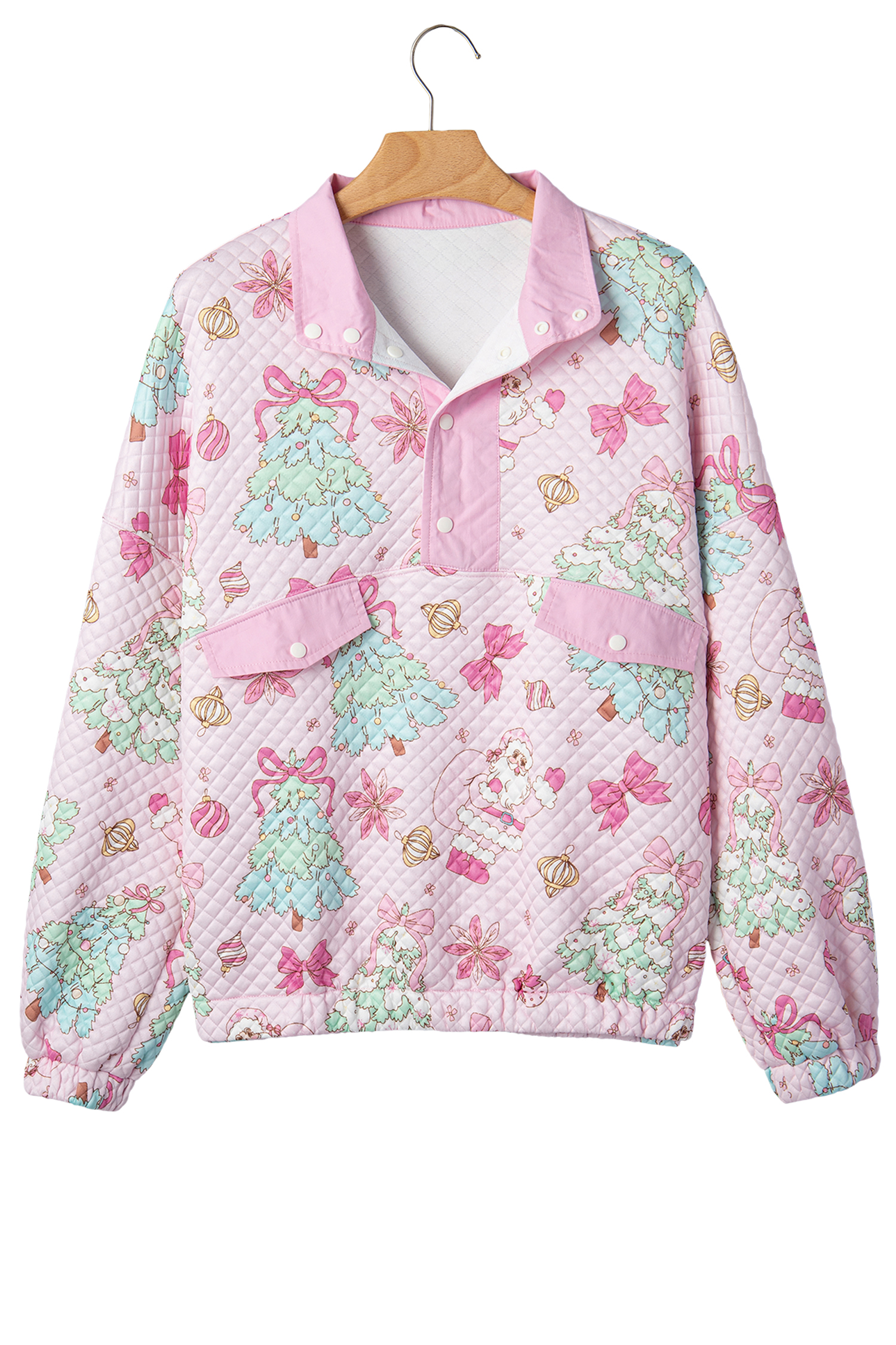 Loose Quilted Women's Sweatshirt, Pink Festive Button Top - Detail View 21