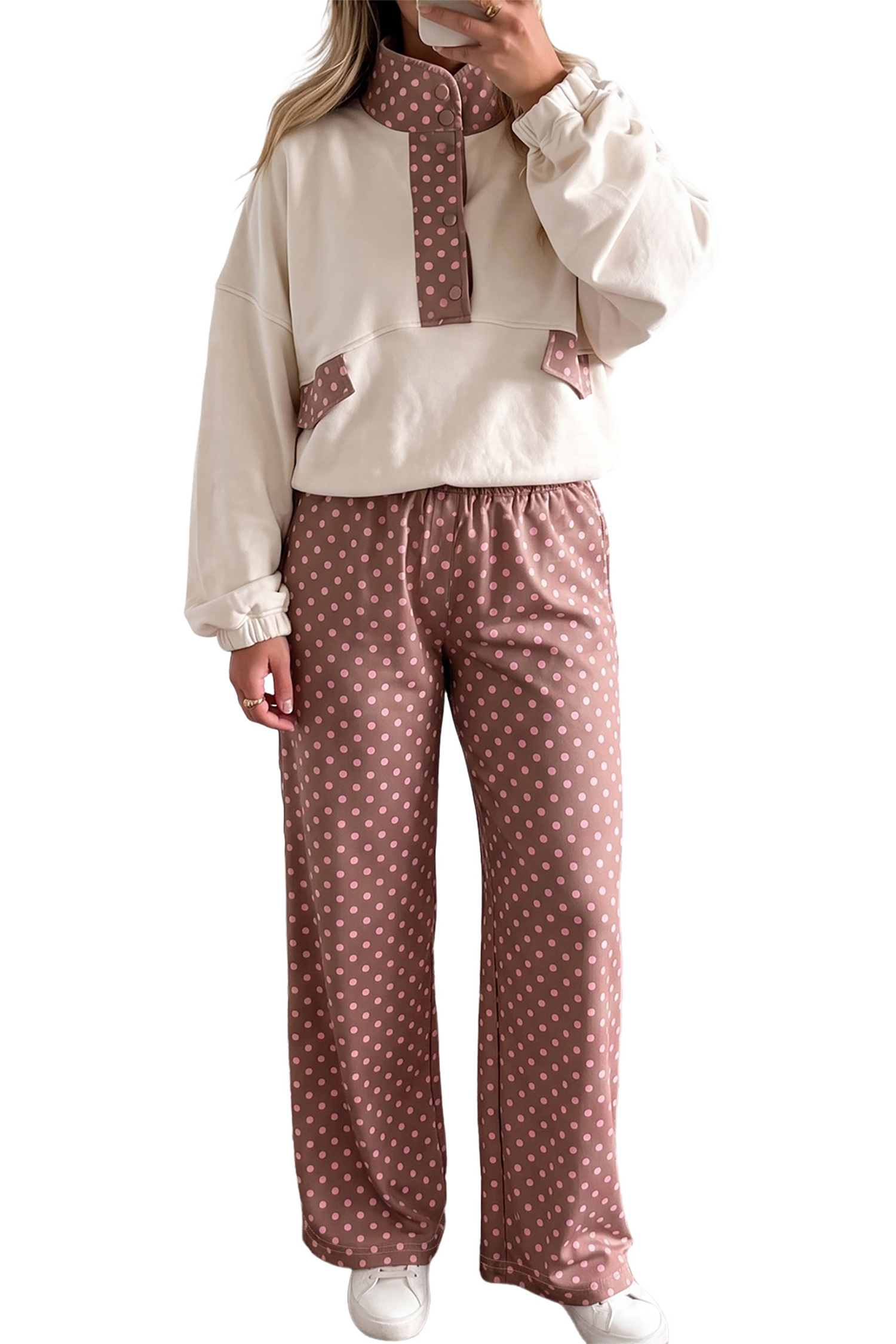 Brown Polka Dot Women's Casual Pants, Loose Fit Daily Wear - Detail View 7