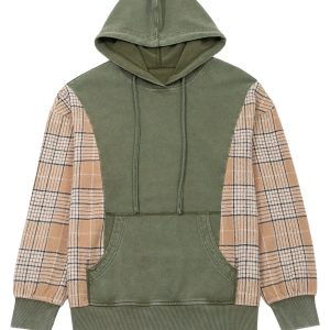Women's Plaid Sleeve Hoodie, Moss Green Casual Sweatshirt - Main View