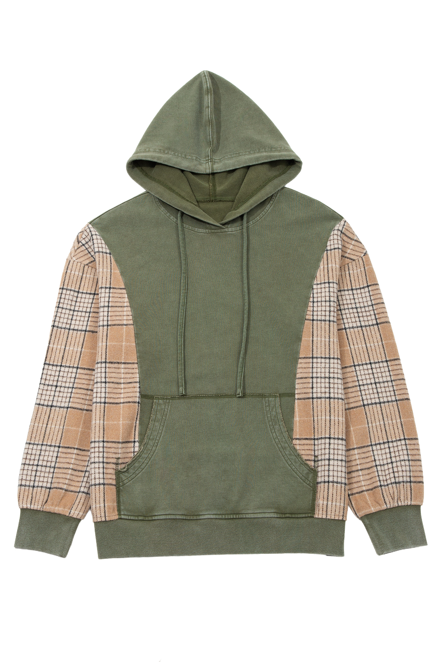 Women's Plaid Sleeve Hoodie, Moss Green Casual Sweatshirt - Main View