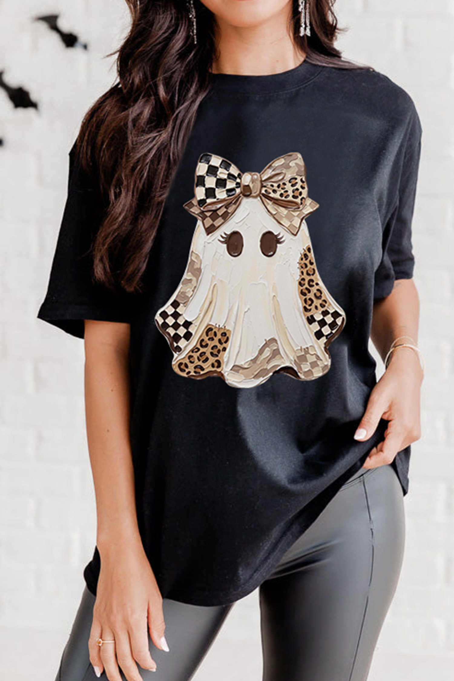 Women's Leopard Checkered Ghost Shirt, Trendy Halloween Tee - Detail View 5
