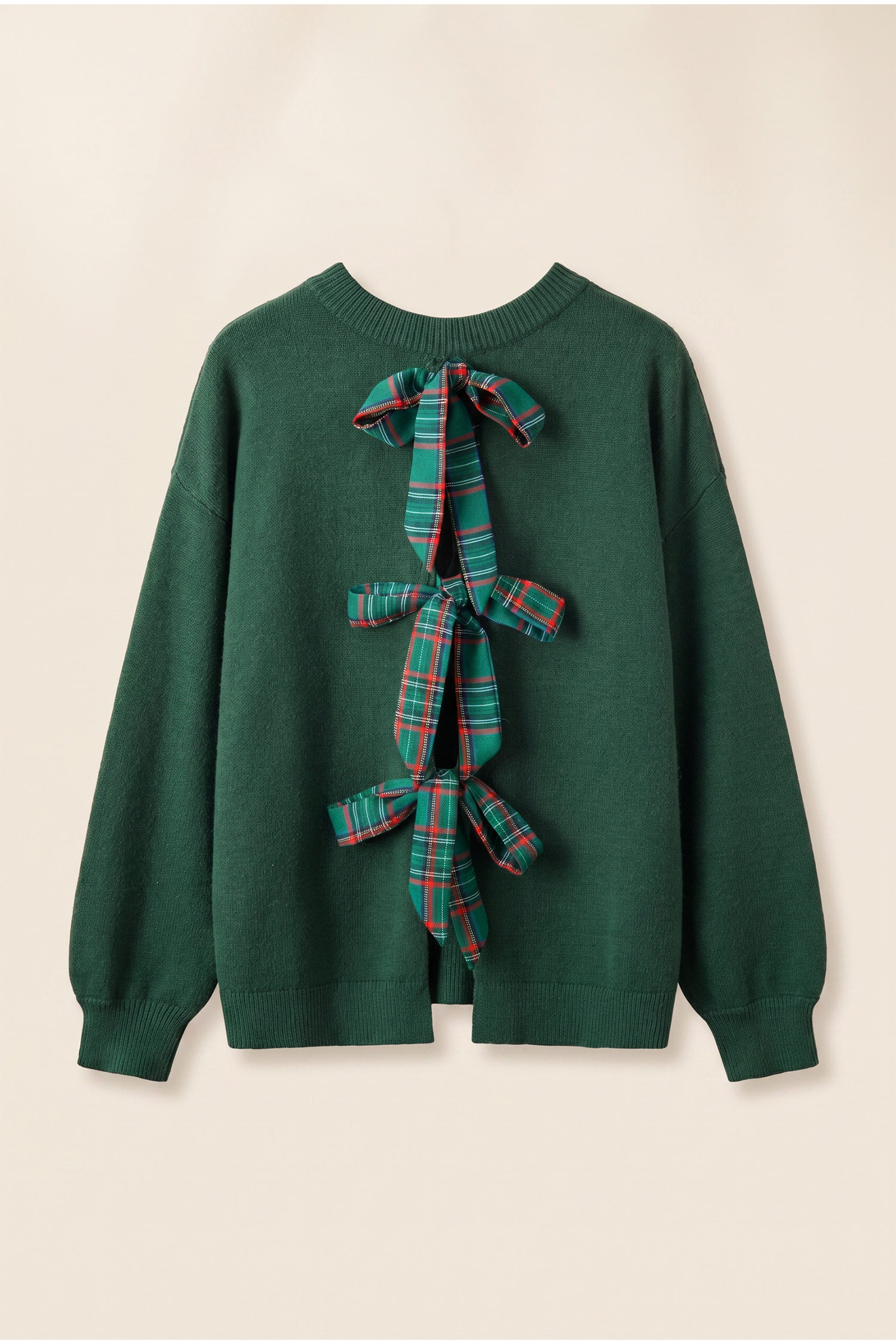 Plaid Bow Back Sweater, Women's Drop Shoulder Green Top - Detail View 8