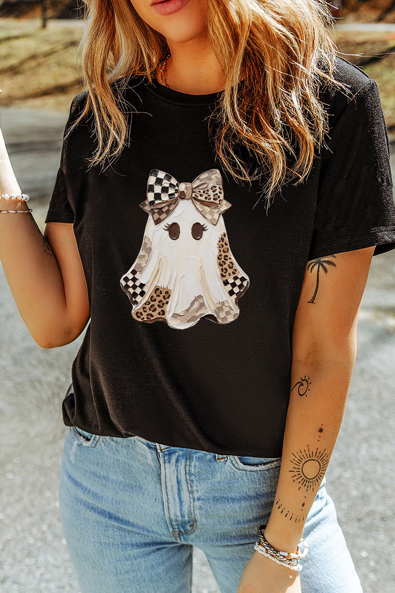 Women's Soft Round Neck Halloween Tee, Casual Ghost T Shirt - Detail View 6