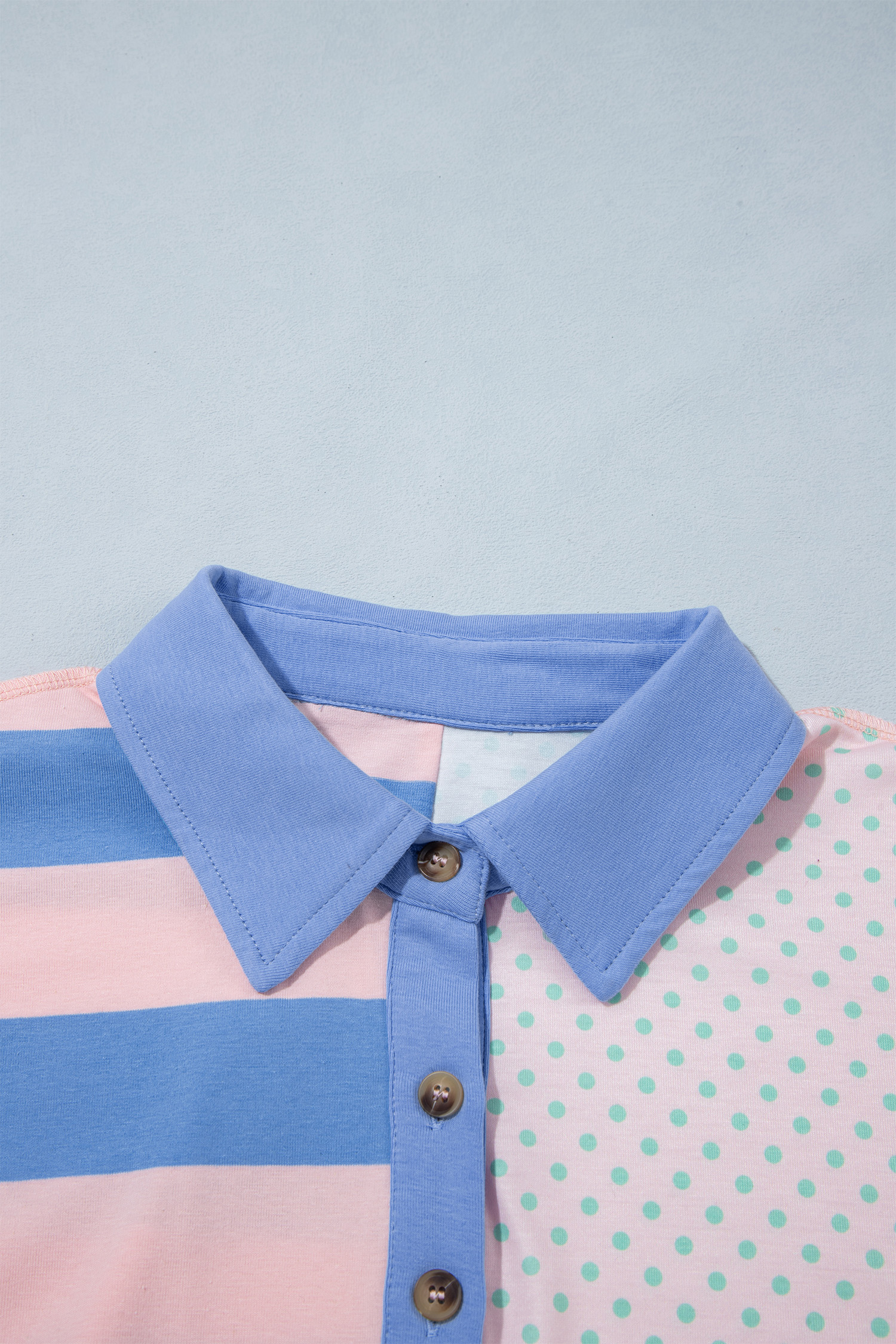 Women's Striped Polka Dot Polo Top, Casual Pink Long Sleeve - Detail View 7
