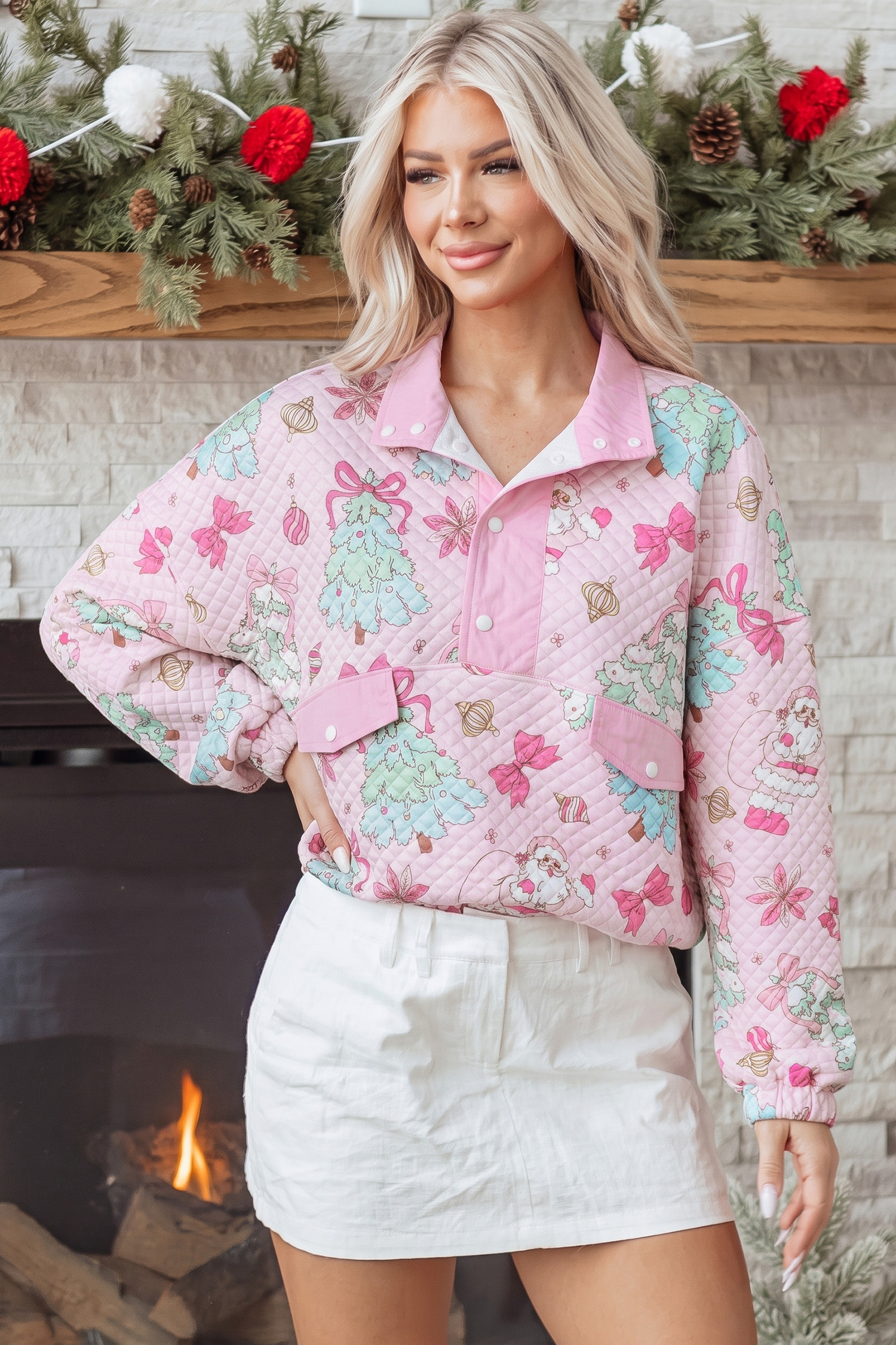 Loose Quilted Women's Sweatshirt, Pink Festive Button Top - Detail View 3